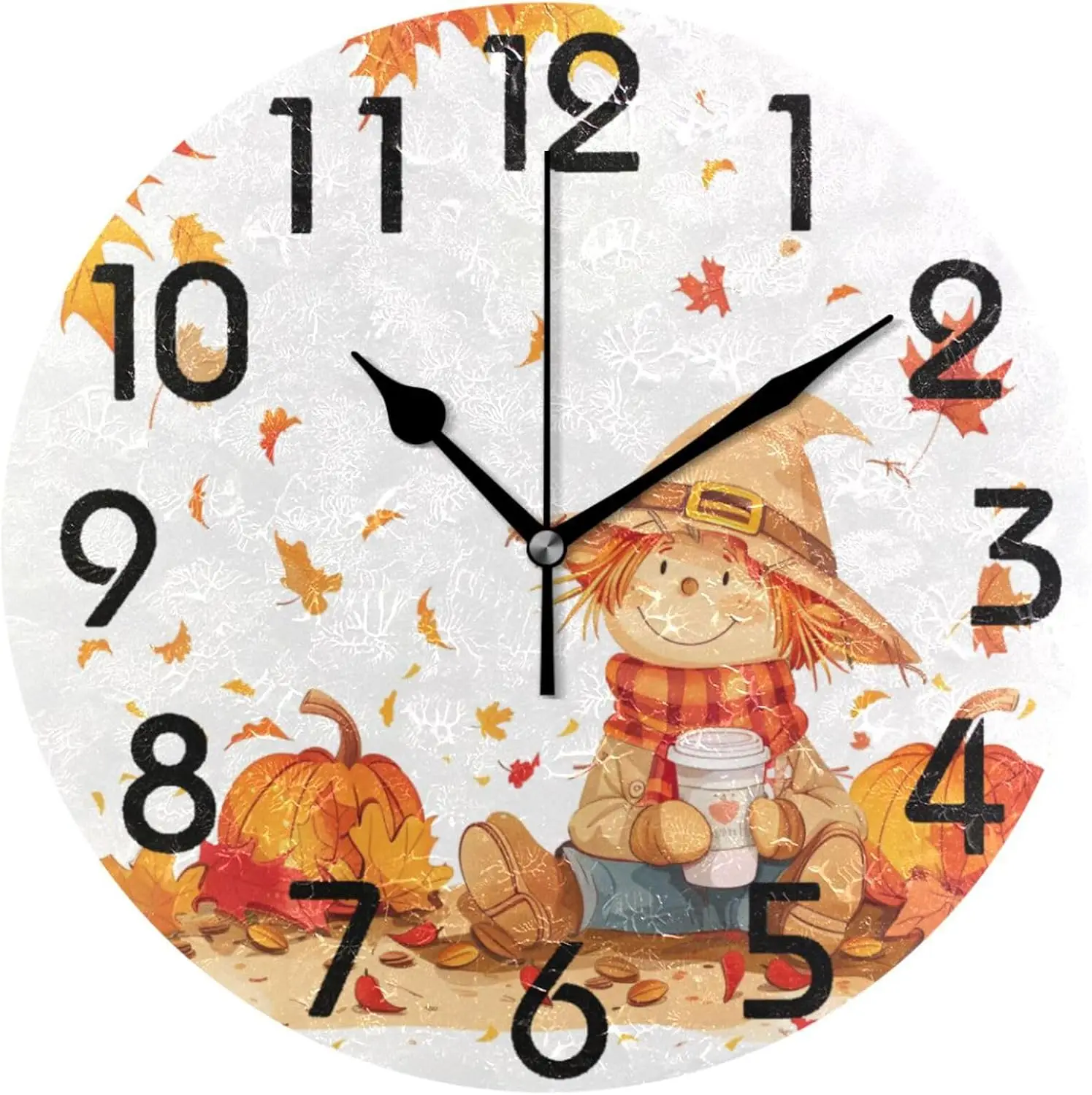 Fall Leaves Lovely Scarecrow Pumpkins 10 Inch Round Wall Clock, Large Battery Operated Analog Quiet Non Ticking Desk Clock