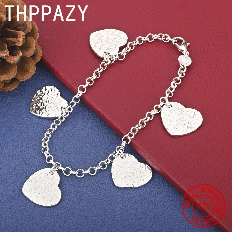 

THPPAZY 925 Sterling Silver Heart Bracelet 20cm Chain Birthday Gift Fashion Party Men Sweet Cute Charm Jewelry Anniversary Gift