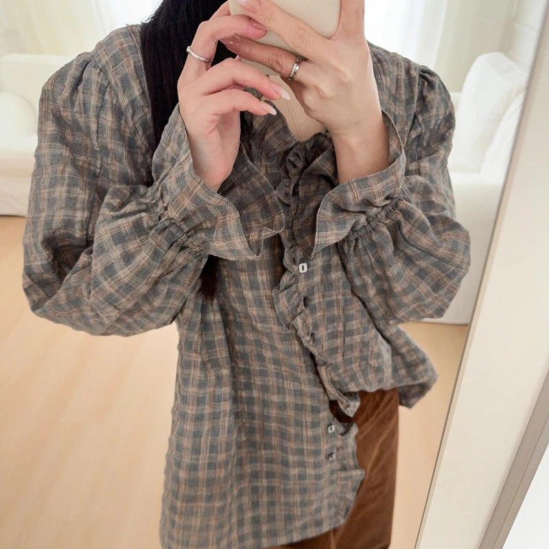 Ruffles Gingham V Neck Plaid Shirt Chic Thin Korean High Fashion Y2k Long Sleeve Blouse Women Spring Autumn Office Lady Tops