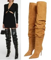 

Brown Velvet Long Stacked Spring Boots Women Knee Pointed Stiletto Heels Black Leather Casual Pleated Short Zipper Casual Shoes