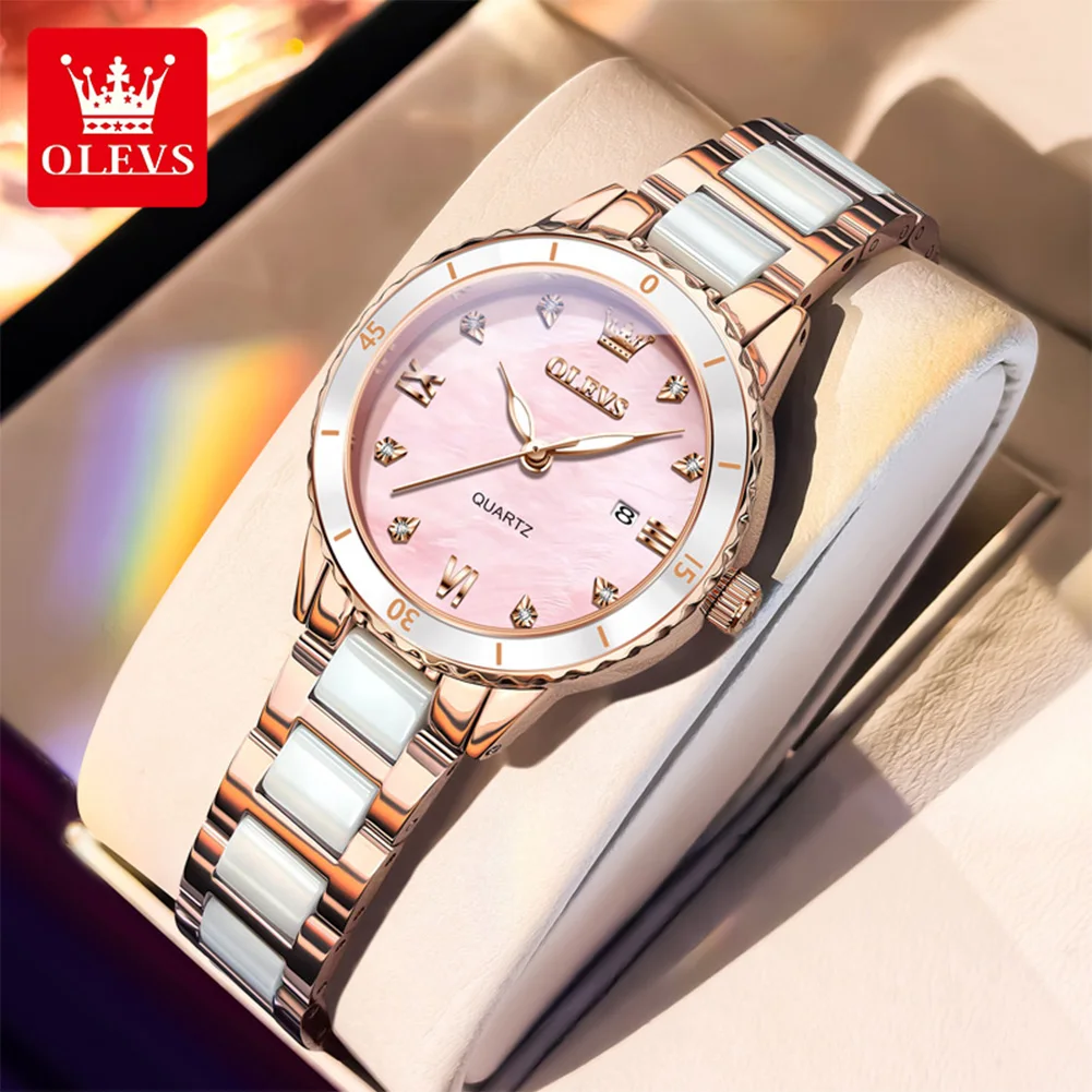 OLEVS 9985 Quartz Watch for Women Original Ceramic Strap Waterproof Luminous Calendar Elegant Ladies Wristwatch