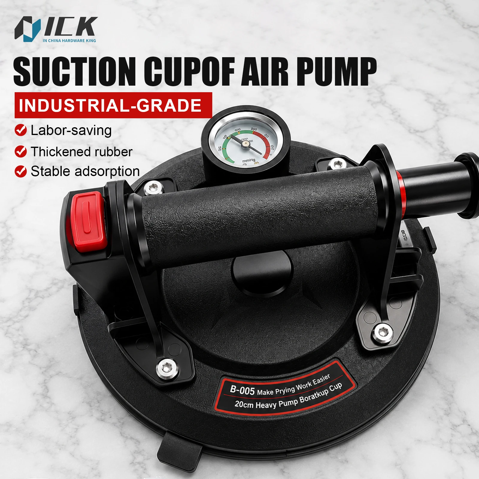 Industrial Grade Air Pump Vacuum Suction Cup 21cm Enlarged Base Pressure Gauge One Touch Deflation for Tile Glass Metal Plank