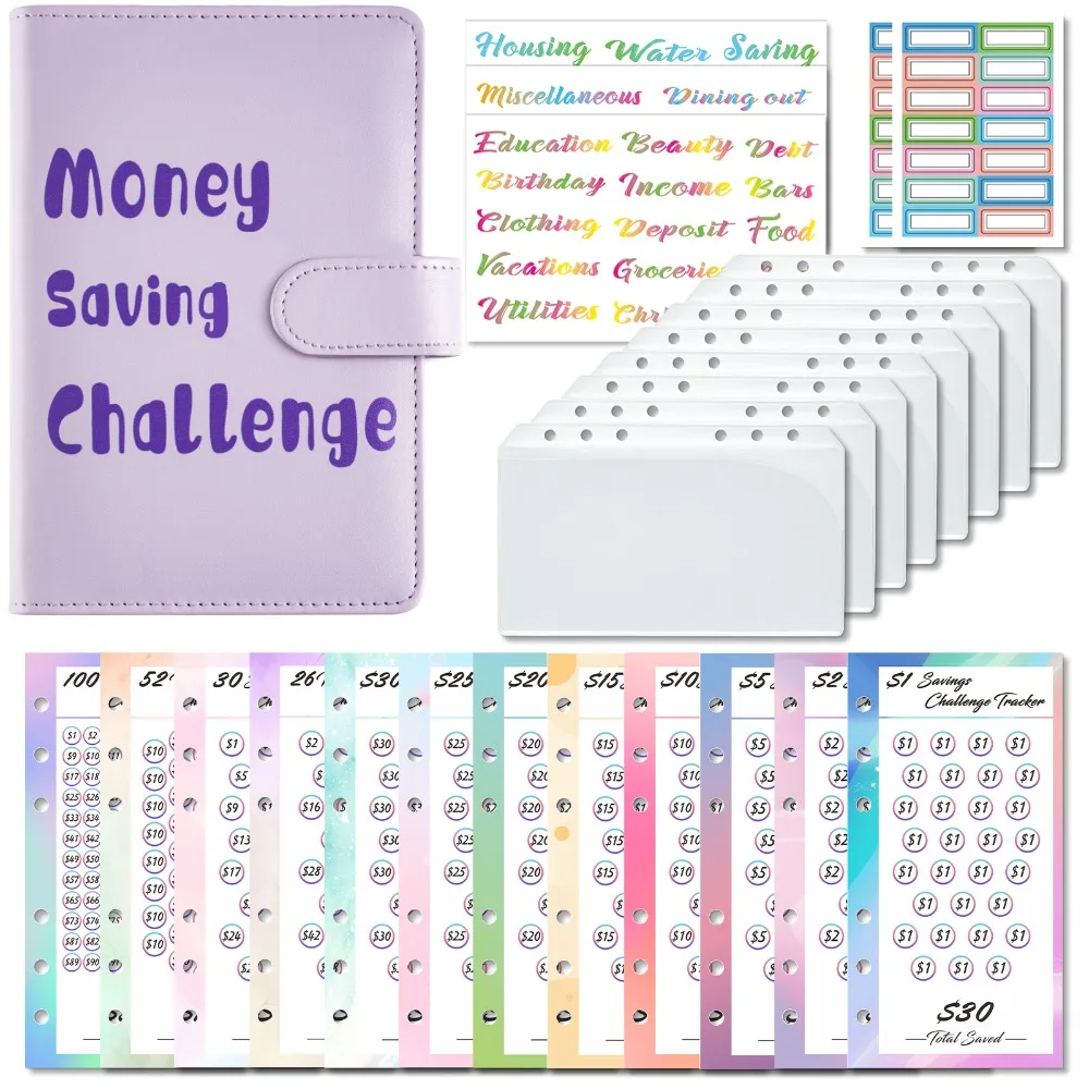 

PU Leather Envelope Challenge Binder Challenging Refillable Money Saving Binder Loose-leaf Savings Handbook