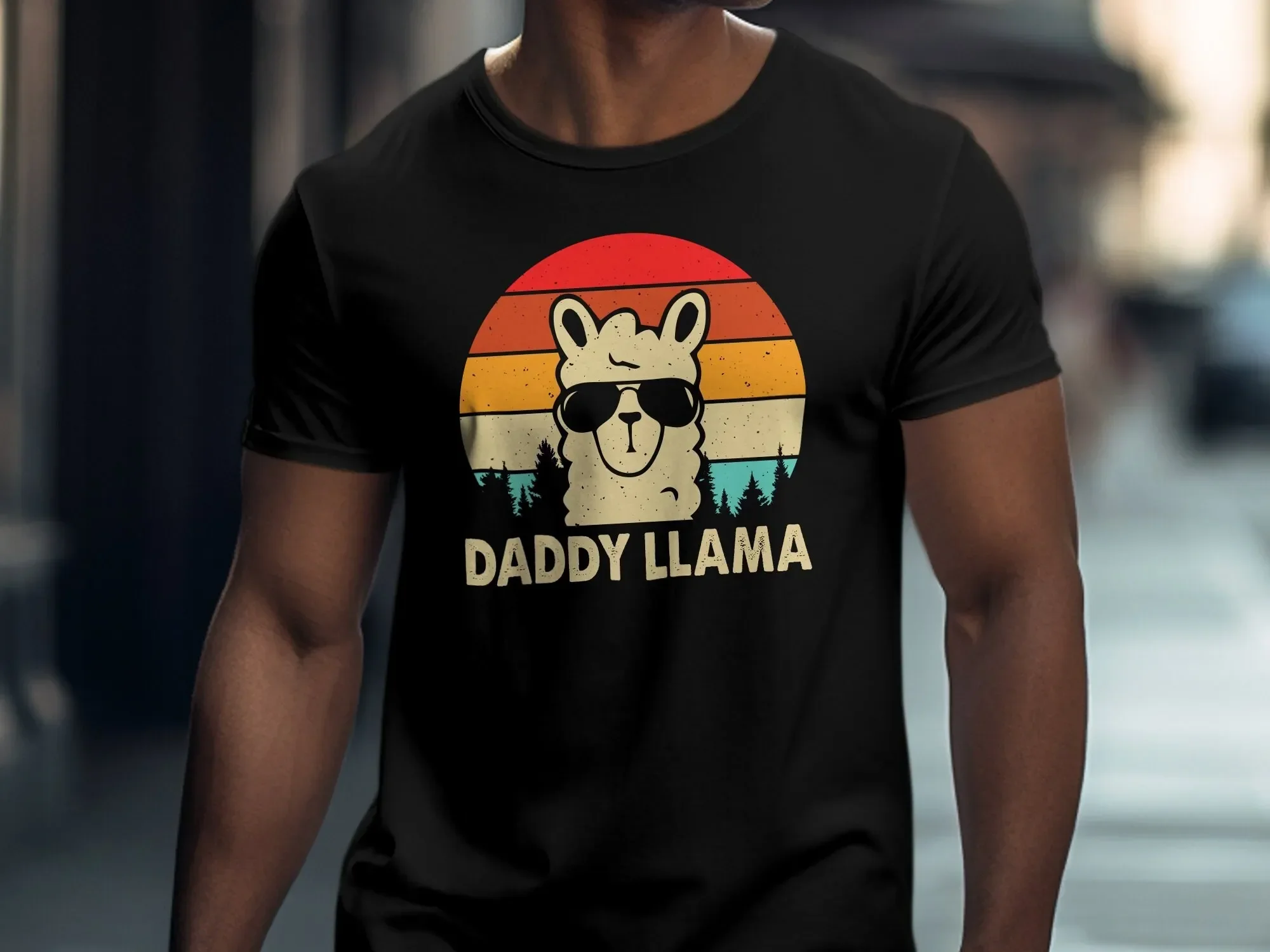 Daddy Llama Retro Sunset T Shirt Funny Cool Father s Day GifT Vintage Style Animal Top for Dad