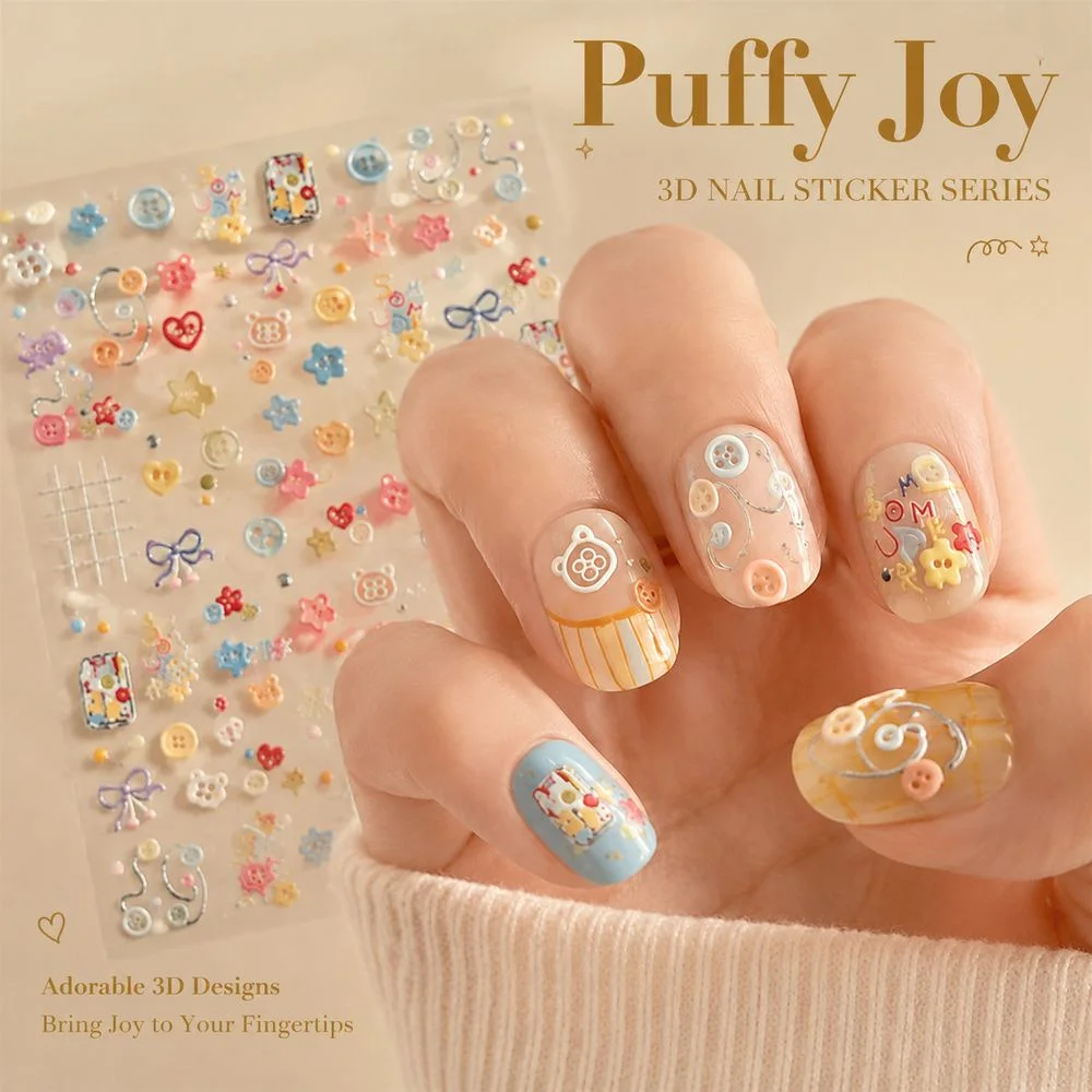 1Pc Sweet Self‑Adhesive Button Nail Stickers 5D Embossed Cartoon Sewing Grid Bow Flower Decals Colorful DIY Nail Art Supplies