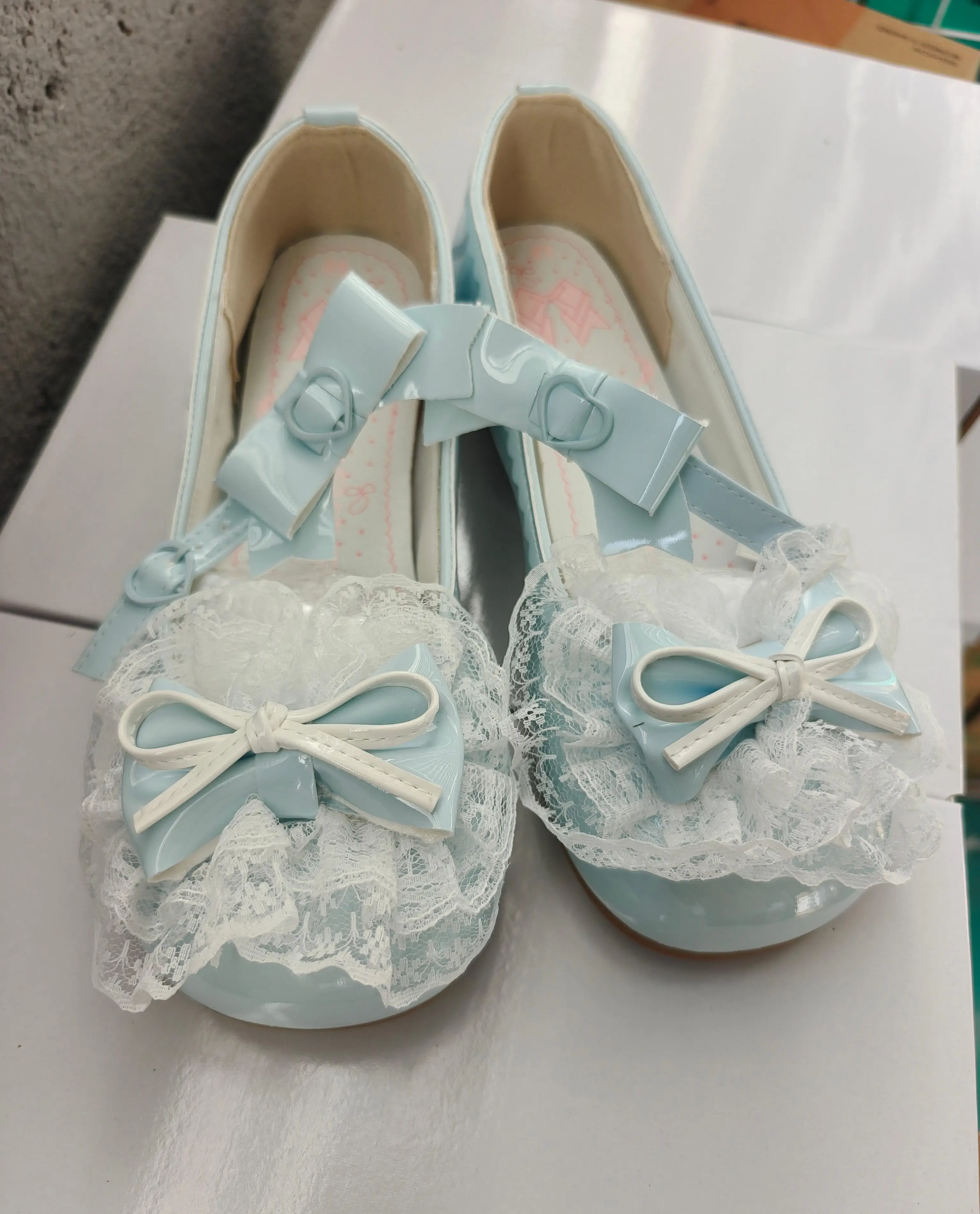 Sweet Girl Pink Mary Jane Fluffy Lace Double Bow Heart Metal Buckle Strap Flat Heel Lolita Daily Cosplay Princess Shoes view 3