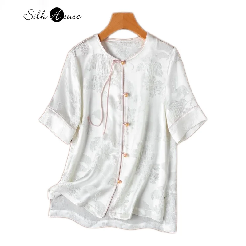 

Light Luxury Texture Soft New Chinese Style Relief 93% Natural Mulberry Silk GuanLe Satin Short Sleeved Women's Shirt Top