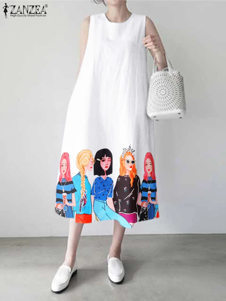 

ZANZEA Women Long Vestido Casual Loose Cartoon Print Tank Robe 2024 Summer Sleeveless Dresses Fashion Round Neck Pocket Dress