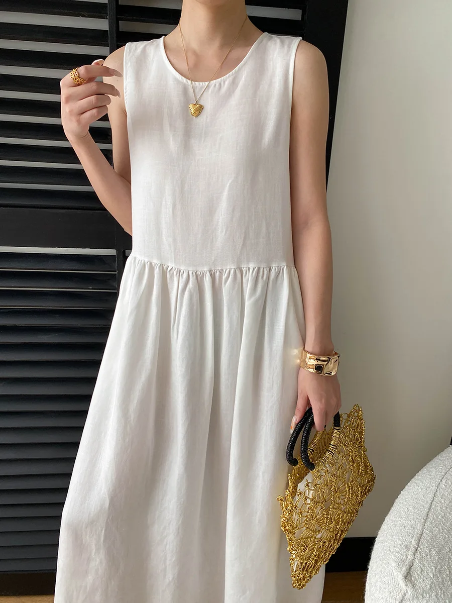 Sommerliches, lässiges, einfarbiges, ärmelloses Patchwork-Kleid mit Rundhalsausschnitt für Damen – Detail 14