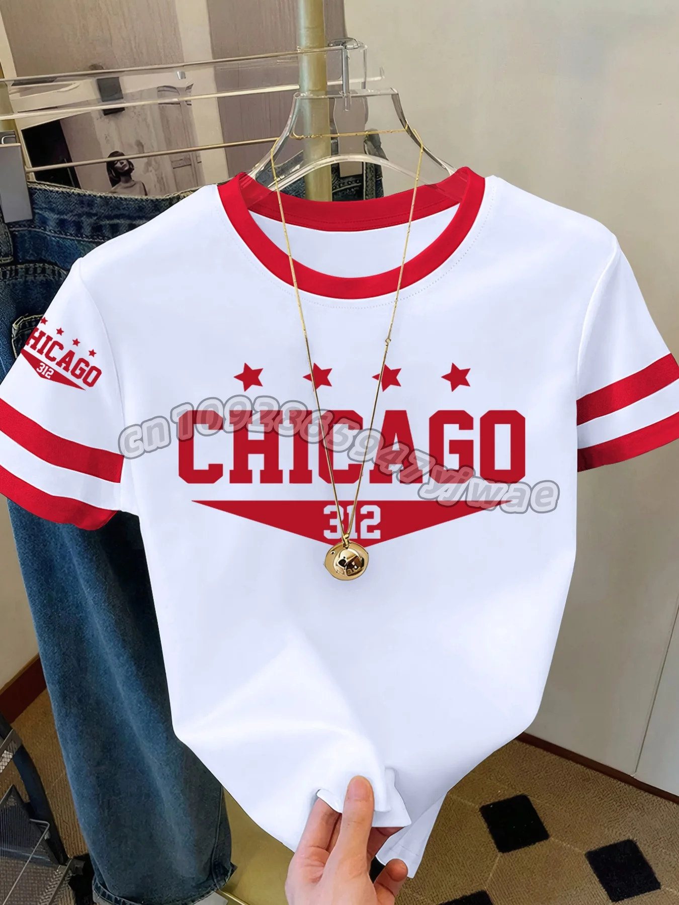 2026 Womens Short Sleeve Color-Block CHICAGO NO.32 Print Y2k T Shirt Girl Round Neck Tee Outdoor Sports Adult Women's T-Shirt