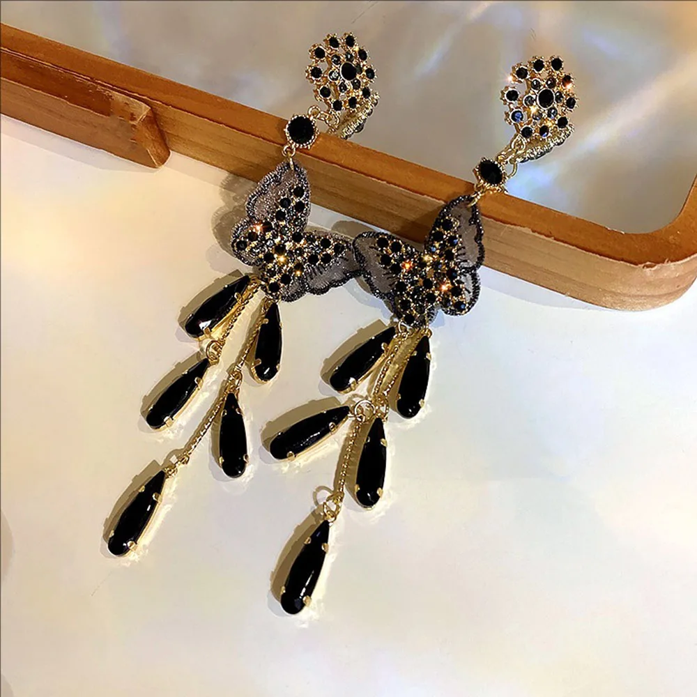 

Silvery Needle Black Artificial Crystal Butterfly Earrings Dark Long Earring Fashionable Light Luxury And Personalized Jewelry