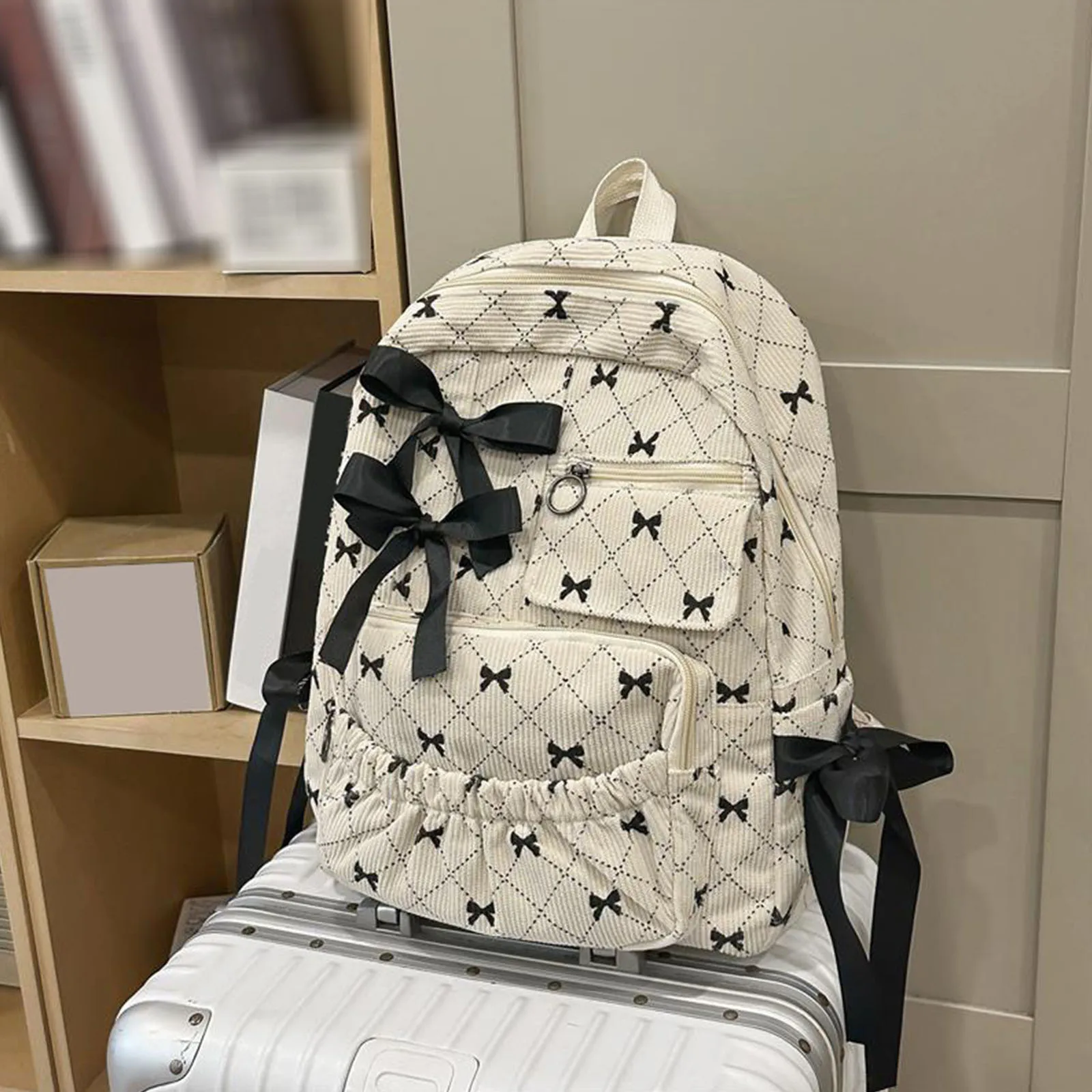 

Corduroy Bow Printed Backpacks Cute Travel Casual Backpack With Bowknot Detail for Casual Daily Or Shopping Casual Daypack