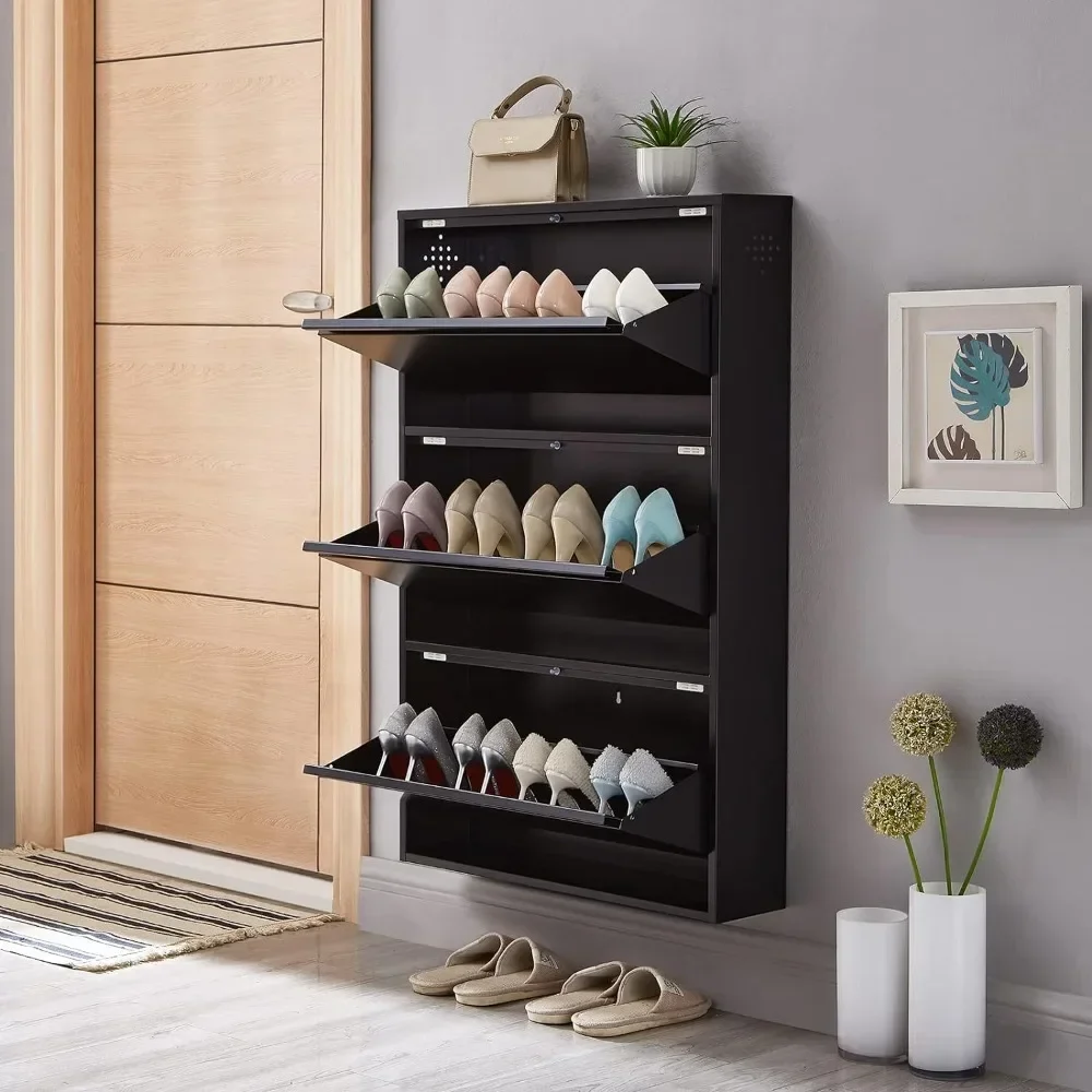 Metal shoe cabinet with 3 drawers wall mounted and 25 