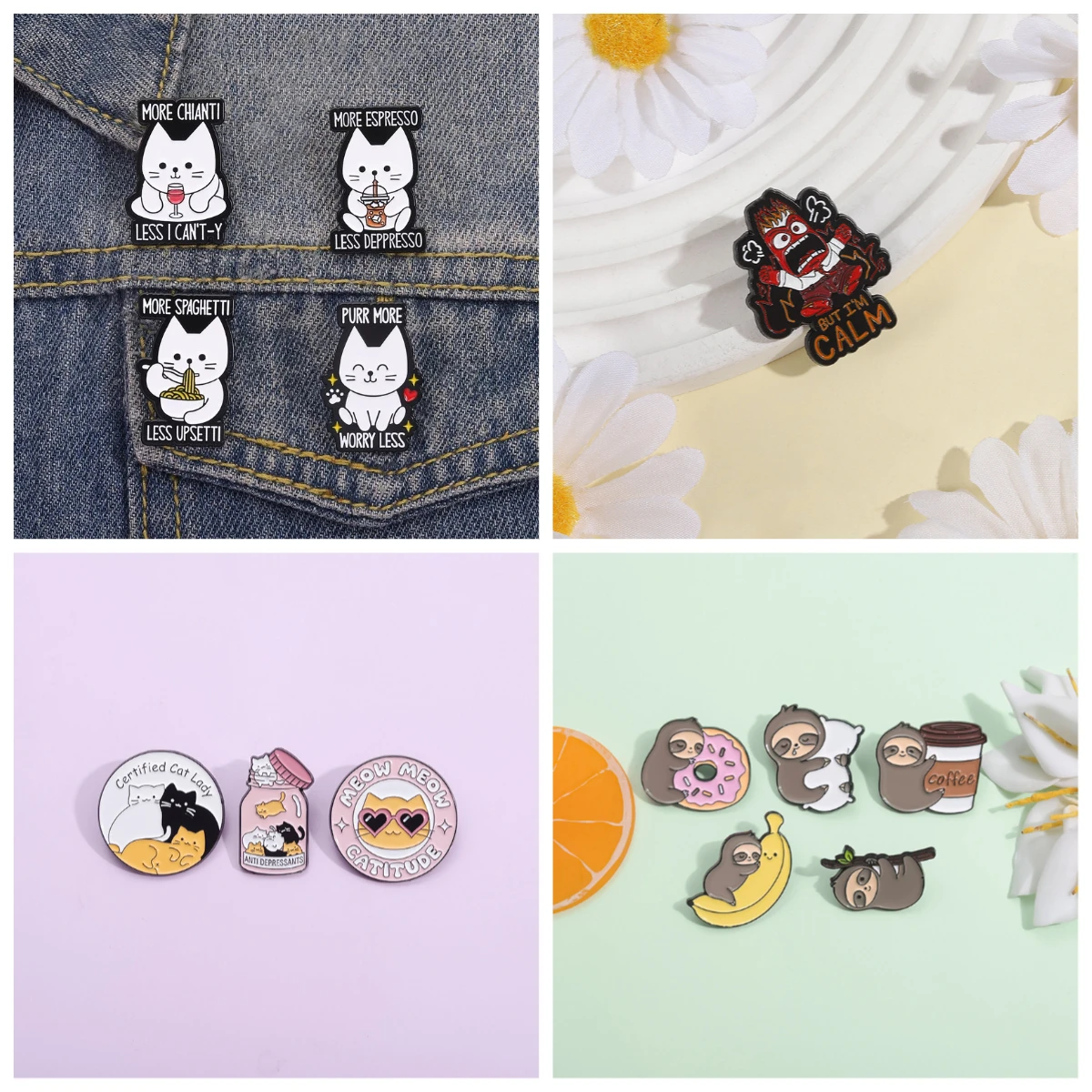 Pines Fun Cat Slogan Brooch Cartoon Quotes Life Meme Badge Coffee Red Wine Cat Styling Pin Jewelry Pins for Backpacks