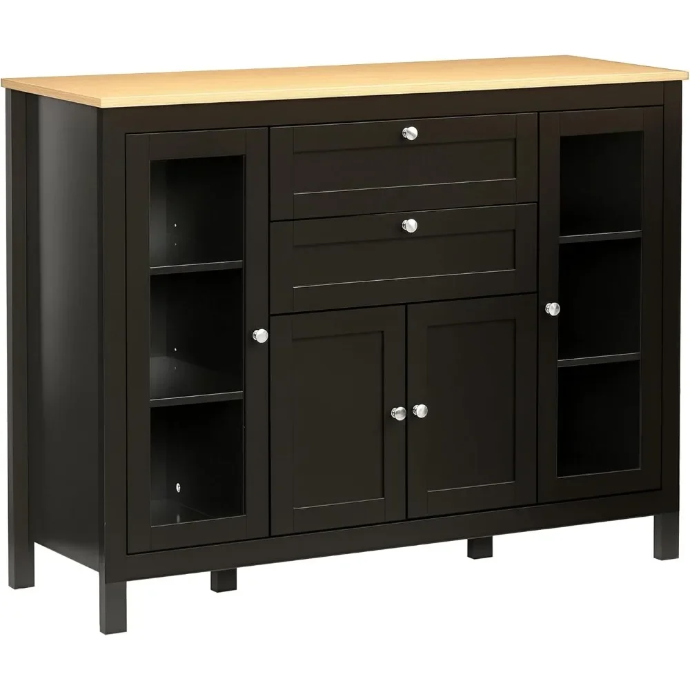 47-Zoll-Sideboard aus Gummiholz mit Glastür, Kaffeebar, Schrank, Küchenschubladen, verstellbares Regal für Wohnzimmer