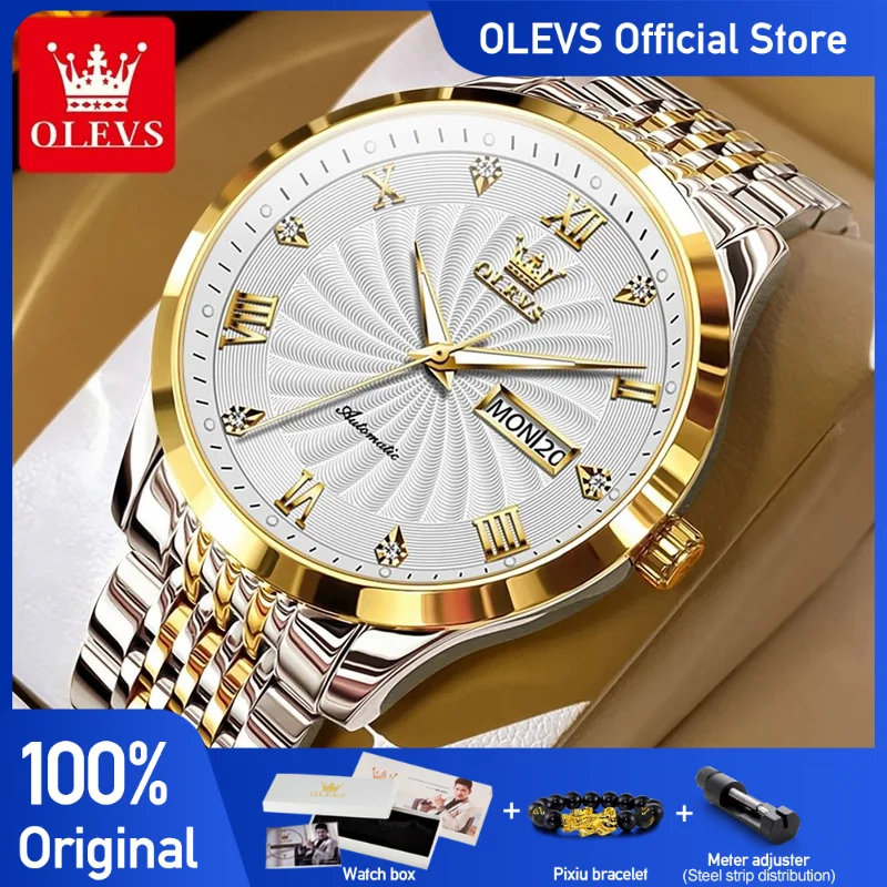 OLEVS Top Brand Automatic Mechanical Men Watch Threaded Dial Waterproof Stainless Steel Strap Classic Men\'s Watches Luxury