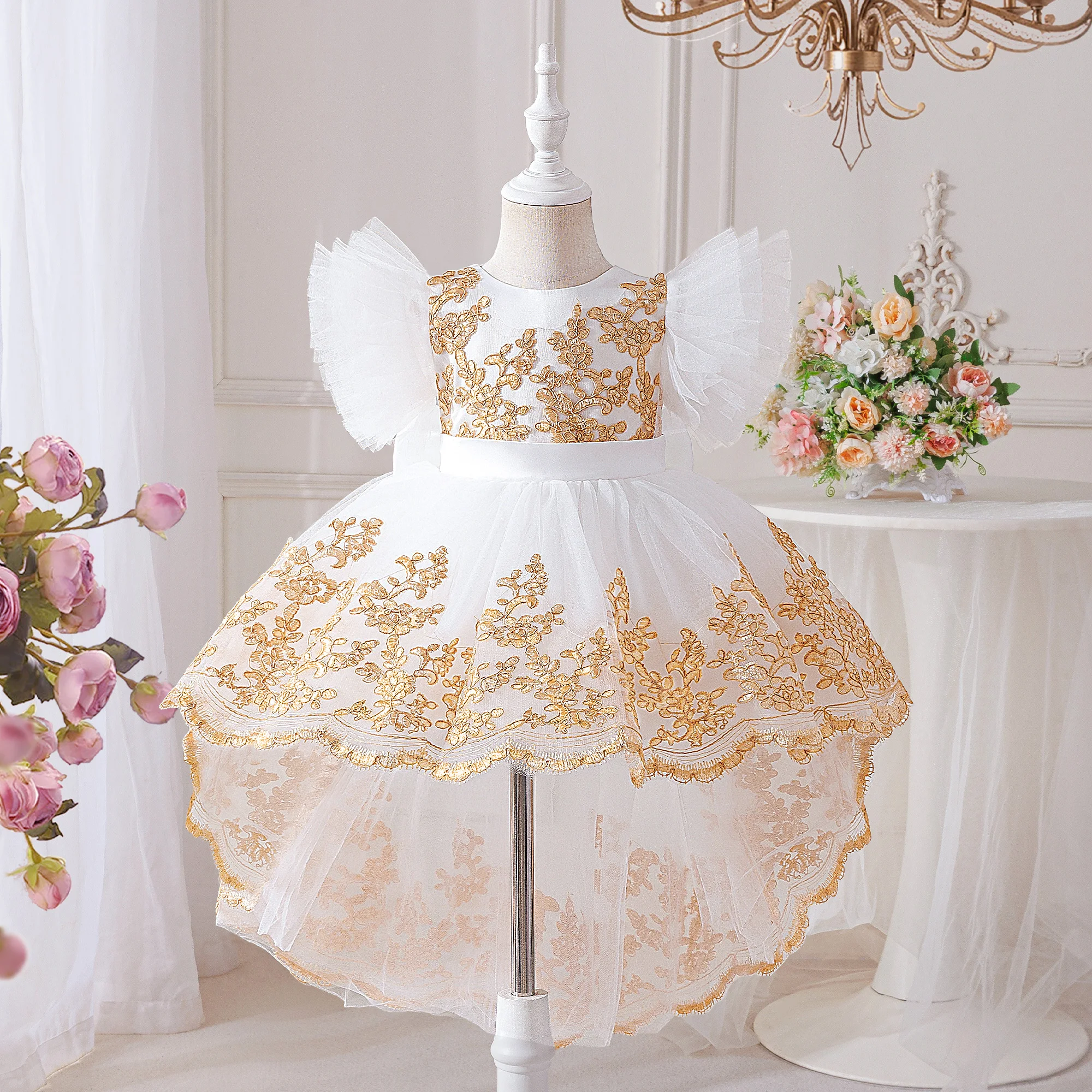 Toddler Party Baby Girls Dress Elegant Flower Tulle 1st Birthday Wedding Princess Prom Dresses Girls Bridesmaids Evening Costume