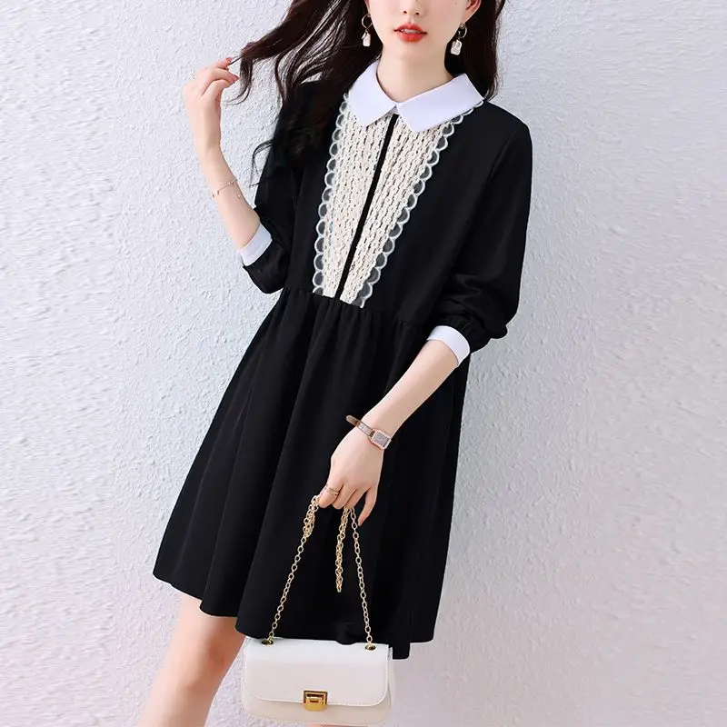 Sweet Peter Pan Collar Dresses Spring Autumn Solid Color Basic A-Line Female Clothing Fashion Lace Spliced Vintage Midi Dress