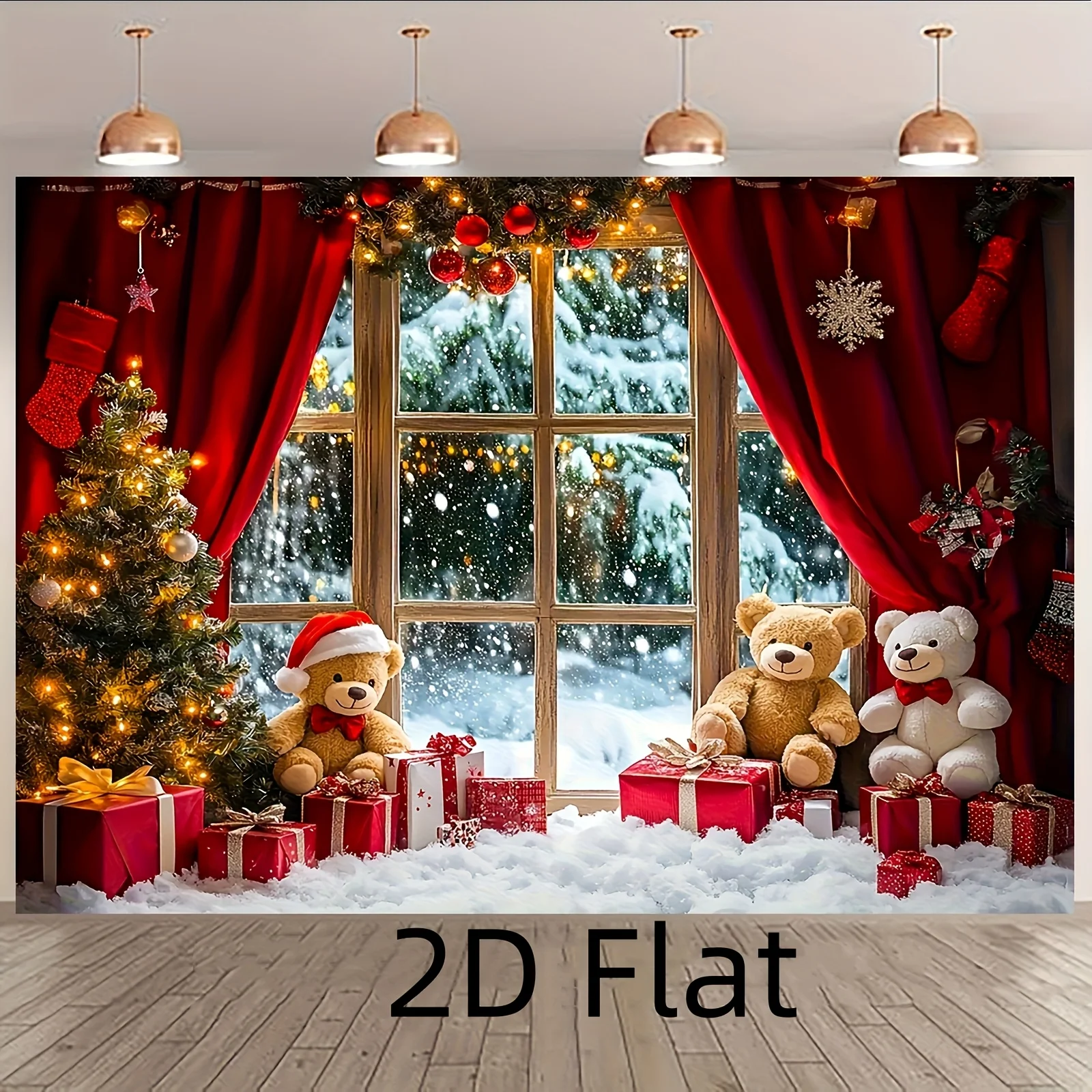 VIKAMA Christmas Teddy Bear Tapestry Snowy Window Gifts Wall Hanging Winter Holiday Backdrop Home Party Room Decor
