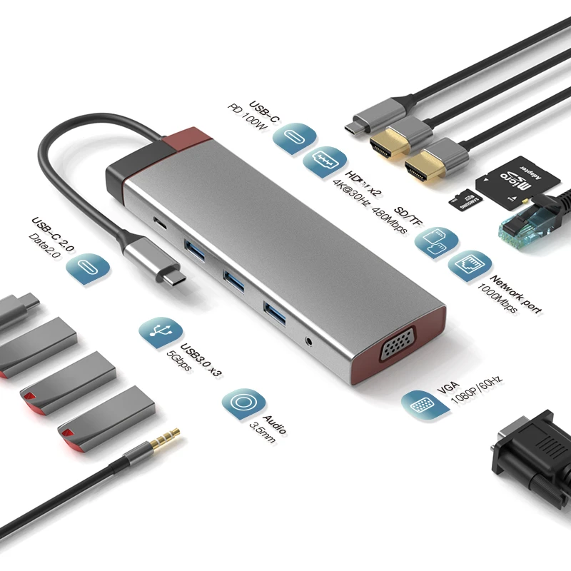 

Usb-концентратор 12 в 1, usb 1000*3, SD, TF, RJ45, 100 м