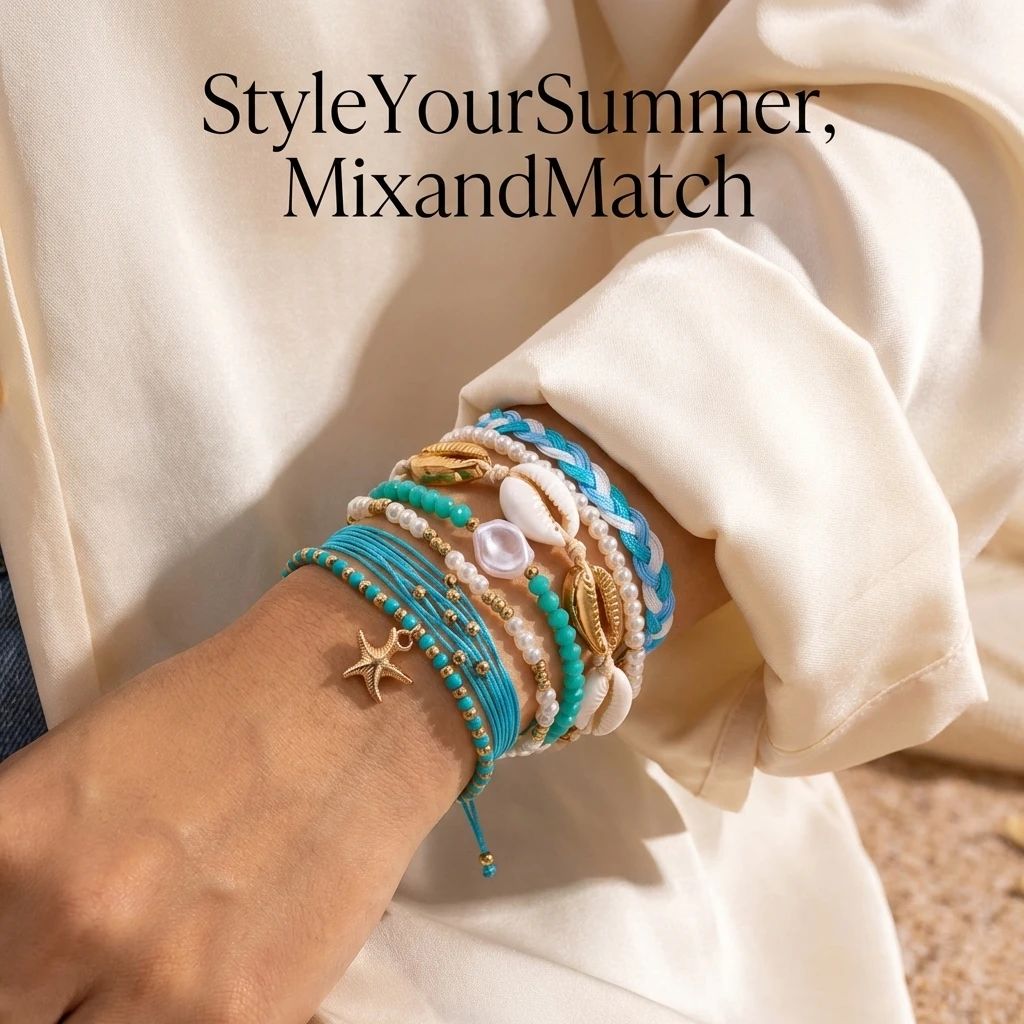 7-teiliges tropisch inspiriertes Armband-Set für Damen, Boho-Strand-Muschel-Ananas-Palmen-Anhänger-Schmuck, Sommer-Festival-Accessoires – Detail 1