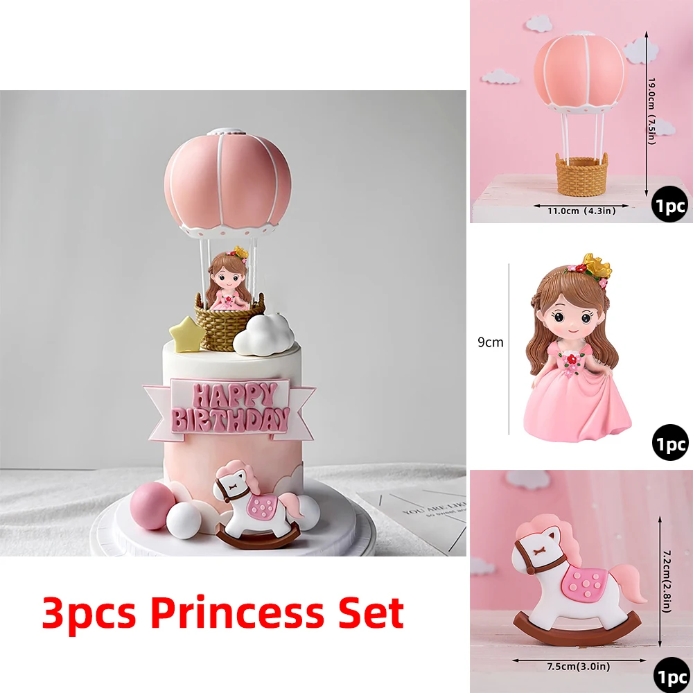 Princess Cake Topper Girl Princess Stands in a Hot Air Balloon Wooden Horse Cake Decorations for Kids Happy Birthday Party Decor