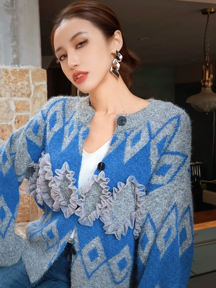 Elegancki francuski kardigan damski z dzianiny z niebieskimi kwiatami 3D, luźny, uniwersalny, swobodny sweter z długim rękawem, kurtka damska.