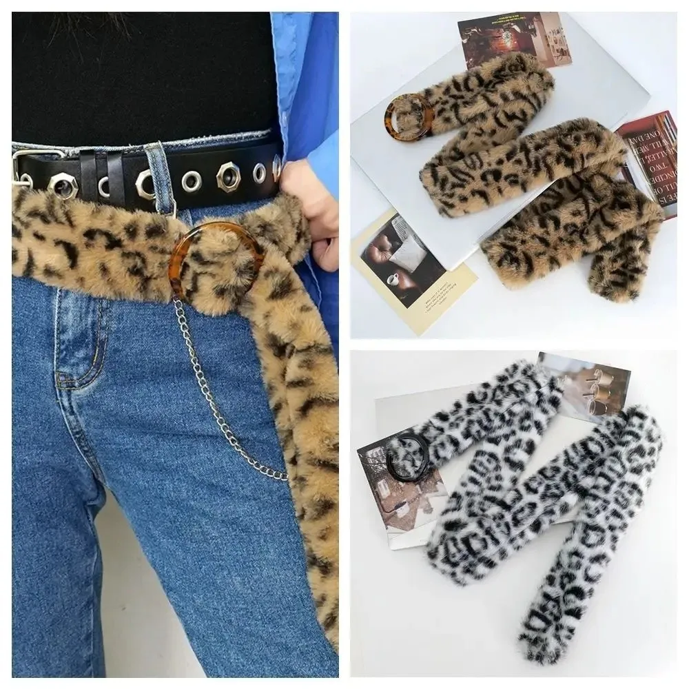

Y2K Faux Fur Furry Plush Belt Leopard Print Resin Buckle Waist Belt Sexy Tassels Waistband Jeans Decor