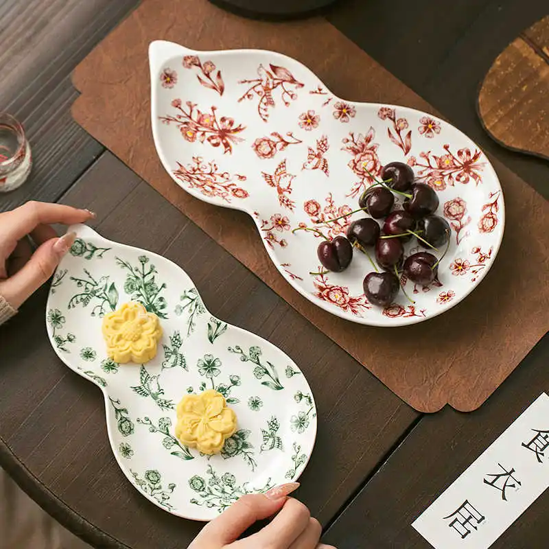Ceramic Dessert Plate Vintage Flower and Bird Gourd Styled Refreshment Tray Home Living Room Decoration Red Green Ceramic Plate