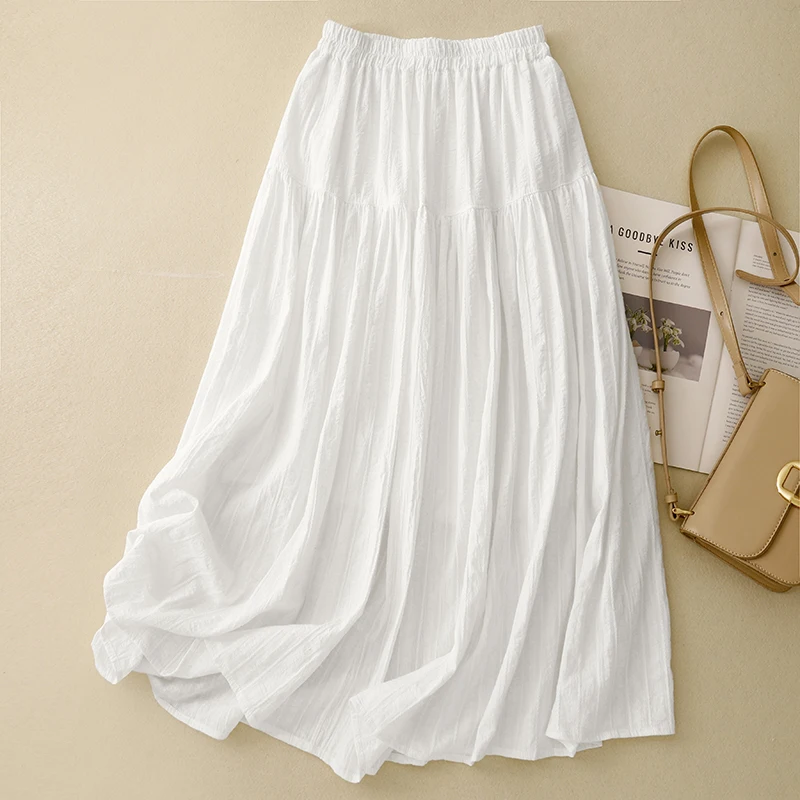 

Белая хлопково-льняная повседневная юбка трапециевидной формы средней длины для женщин, летние большие размеры, грушевидные утягивающие повседневные юбки f-length