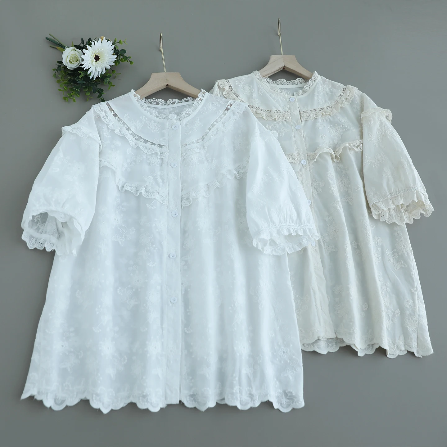 

Japanese Sweet Mori Girl Lace Embroidery Cotton Shirts Women Summer Ruffles Stand Collar Short Sleeve Casual Loose Blouse Tops