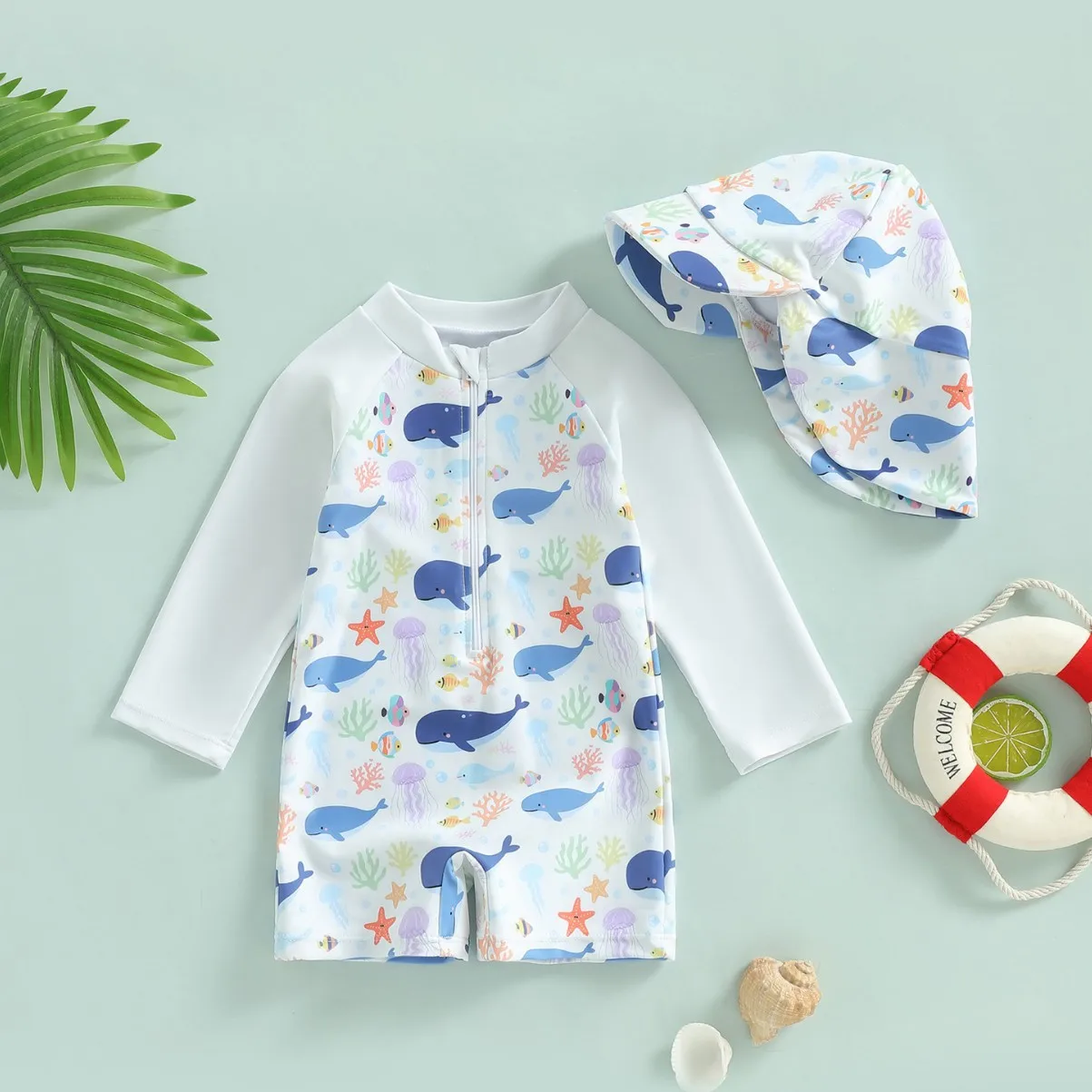 

Boys One-piece Swimsuit with Sun Hat Kids Long Sleeve Cartoon Whale Print Sun-protective Quick-Dry Swimwear Baby Bathing Costume