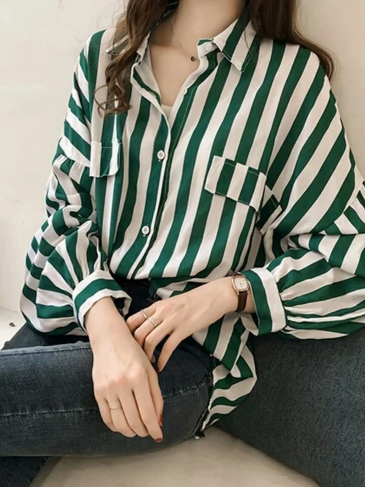 

Summer 2023 Women's Chiffon Blouse Tops Loose Fit Long Sve irt Ladies irts Skin-friendly Breathable Thin Fabric Stripe...