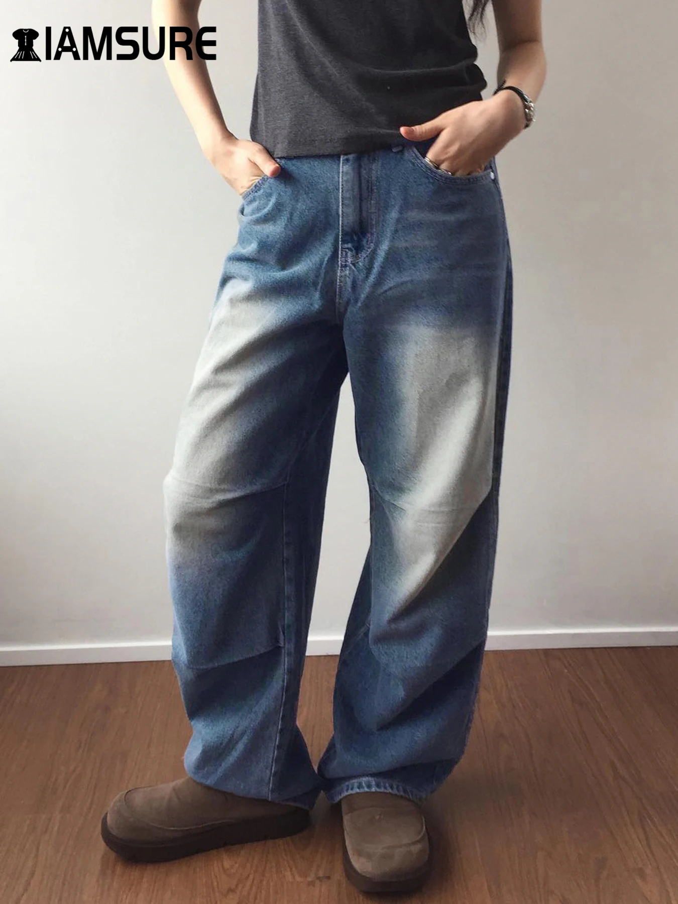 

IAMSURE Safari Style Basic Folds Jeans Casual Loose Mid-Waisted Wide Leg Pants Women 2024 Summer Fashion Streetwear Cargo Pants