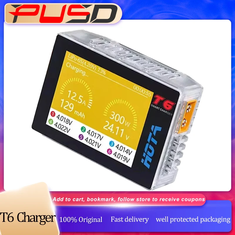 

HOTA T6 Smart Charger 300W DC/PD Dual Input PD3.0 2.4IPS Screen XT60 TYPE-C for FPV RC Battery Charger