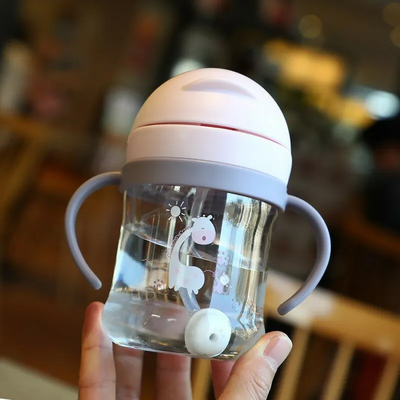 250ml Pink Baby Drinking Cup Feeding Bottle With Straw Gravity Ball Wide Caliber Drinking Milk Water Bottle With Handle