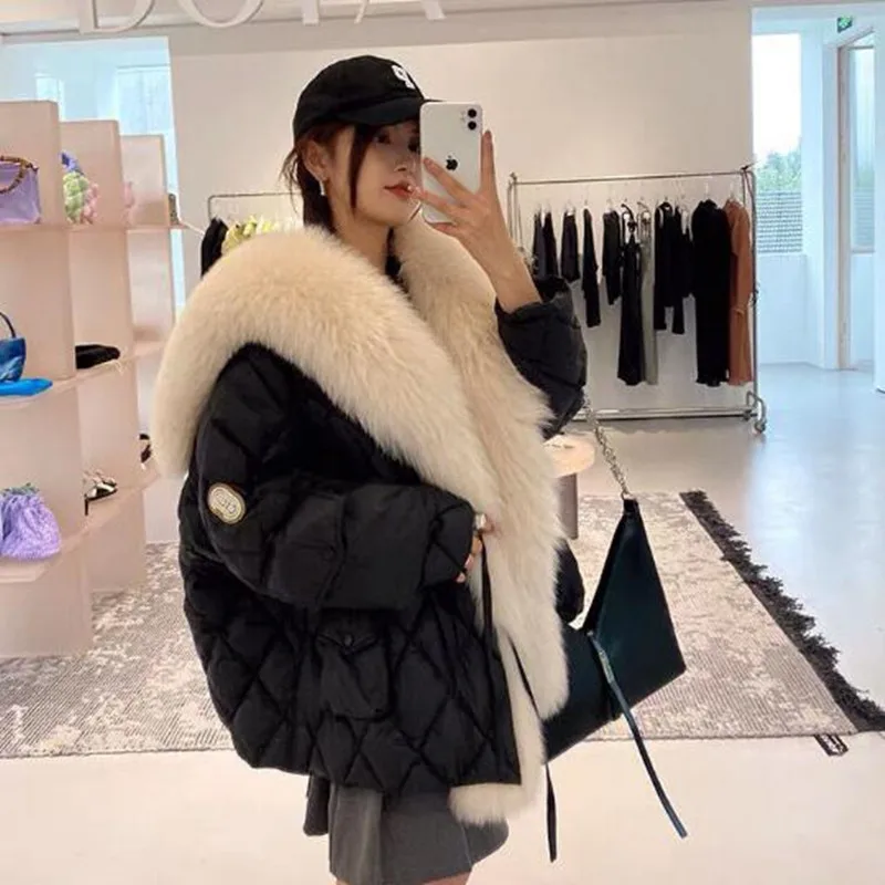 2025 inverno macio quente solto jaqueta puffer parka feminino à prova de vento neve outwear casacos de luxo gola de pele de raposa casacos longos