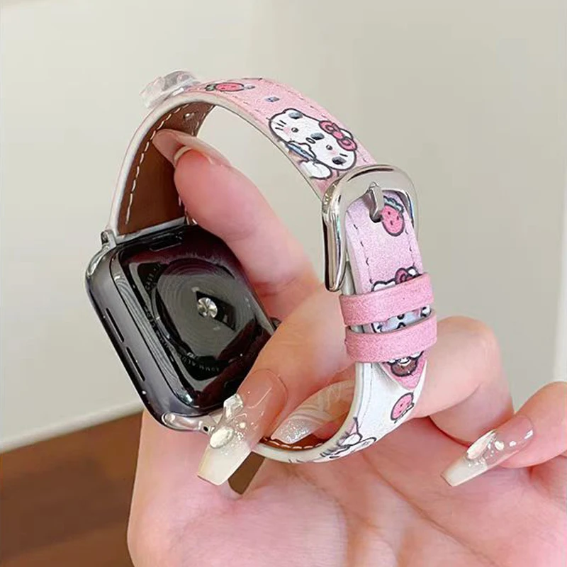 Correa Kawaii de Hello Kitty para Apple Watch, accesorios de muñeca de Anime Sanrio, color rosa y blanco para mujer