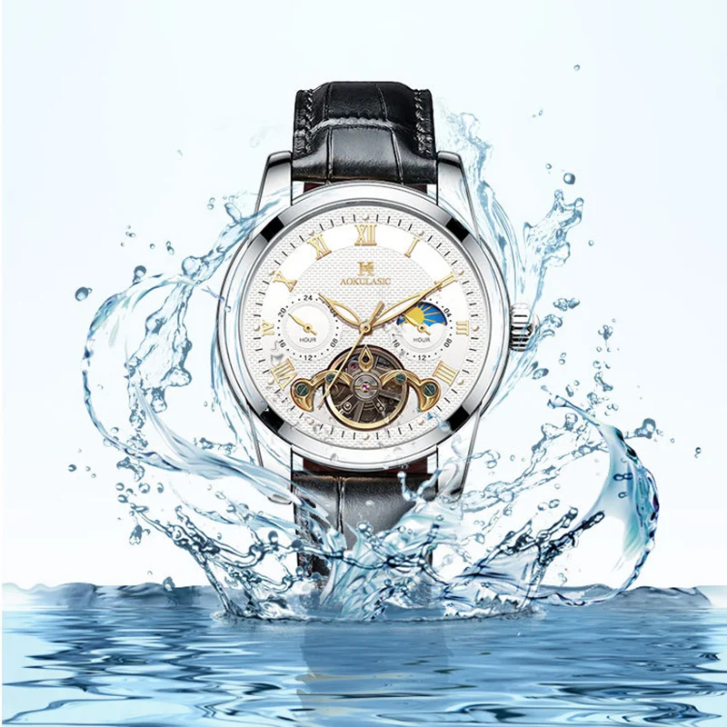 AOKULASIC luxury Mens Mechanical Watch Fashion Sports Waterproof Automatic Watches Man Moon Phase Tourbillon Luminous Wristwatch