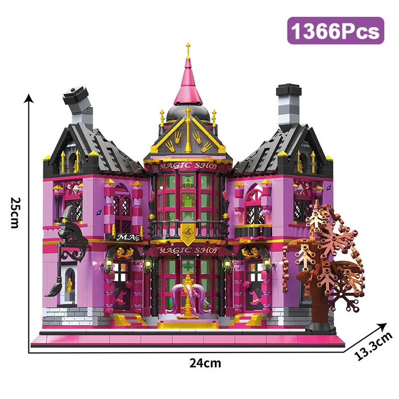 Creative 1366Pcs Magic Shop Street View Model Building Blocks Architecture Purple House Moc Mini Bricks Toys Kids Halloween Gift image 3