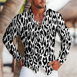 Camisa de manga larga con estampado de leopardo para hombre, ropa informal blanca con botones, diseño de moda cómodo, 2023