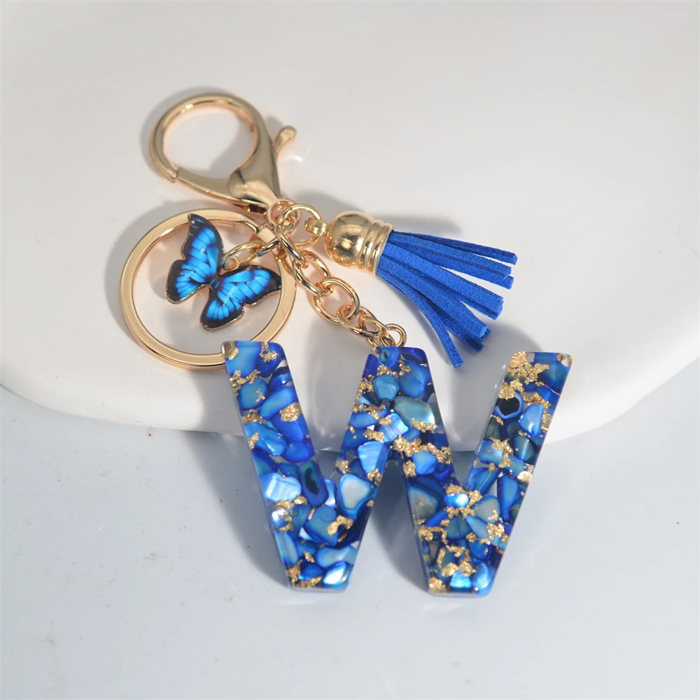 Exquisite Blue Glazed Stone A to Z Resin Keychain 26 Initials Butterfly Tassel Pendant Keyring for Women Men Car Key Holder Gift