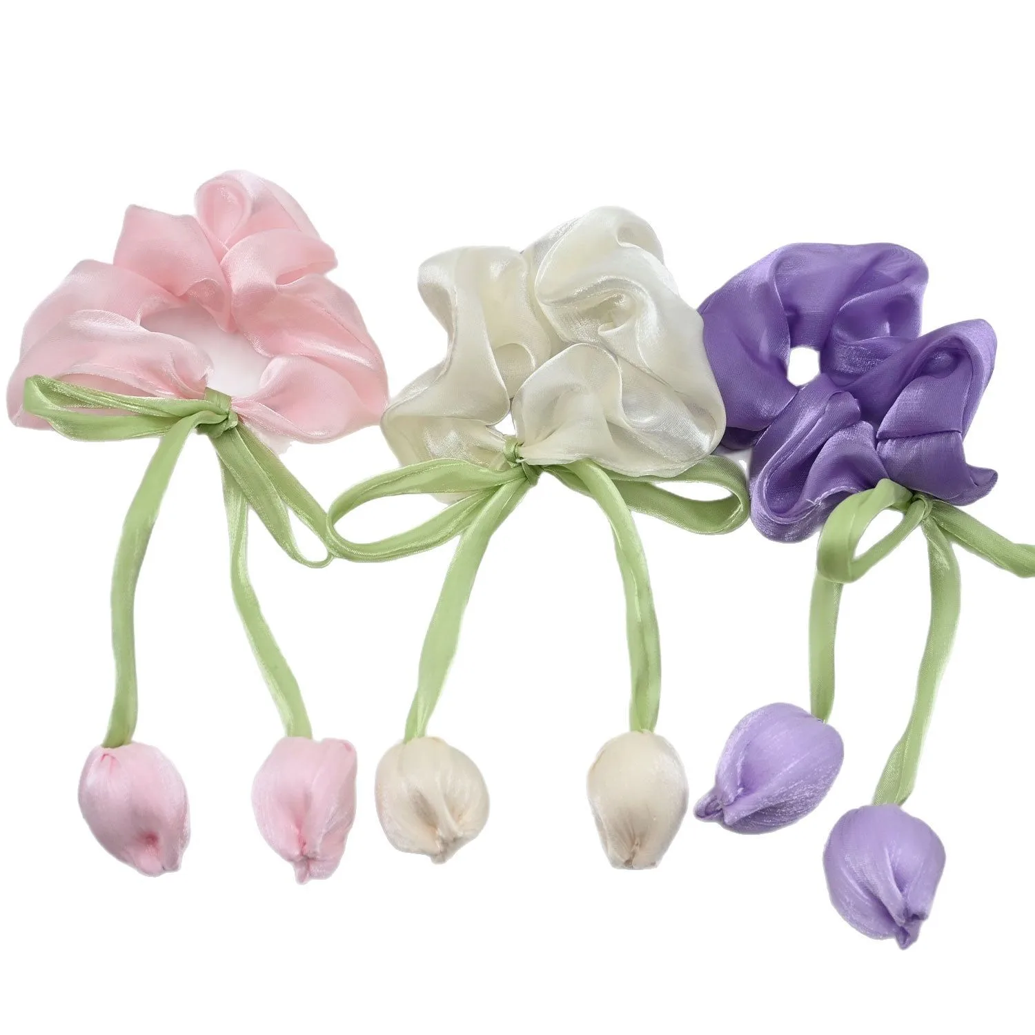 3PCS Tulip Flower Scrunchies - Sweet Elastic Hair Rings for Women, Large-sized High-end Hair Ropes and Hair Accessories