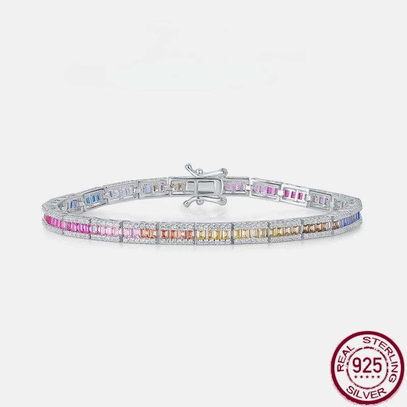 

New S925 pure silver light luxury single row brilliant color zirconium inlaid with seven color rainbow jewelry wedding jewelry