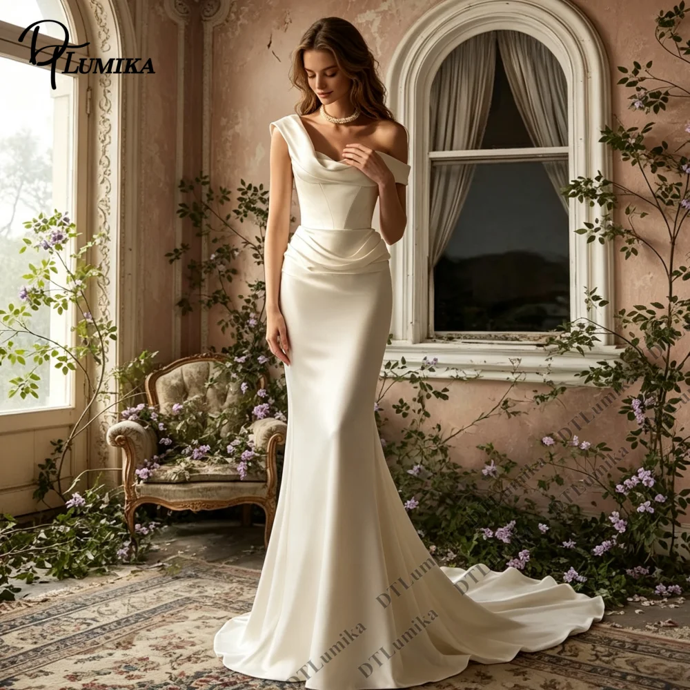 Elegant Satin Mermaid Wedding Dress One Shoulder Draped Bridal Gown Fit and Flare Simple Minimalist Bride Dress Custom Size