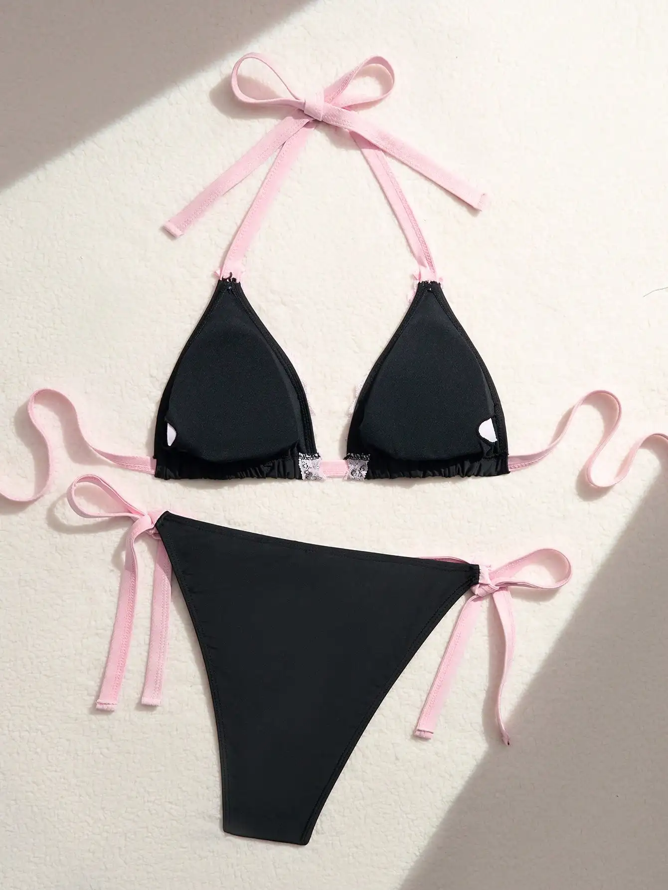 

Black Pink Lace Trim Halter Triangle Bikini Set Women Beach Swimwear