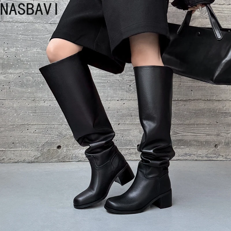 

NASBAVI 2026 News Winter Women Knee High Boots Round Toe Fashion Woman Shoes High Heels Cow Leather Long Boots Black Size 34-40