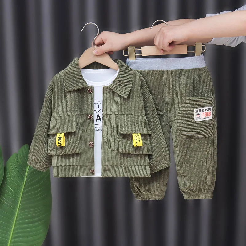 2022 Spring Autumn new boys baby cute corduroy suit boys full-print long-sleeved three-piece children's fashion sports sui 0-5Y