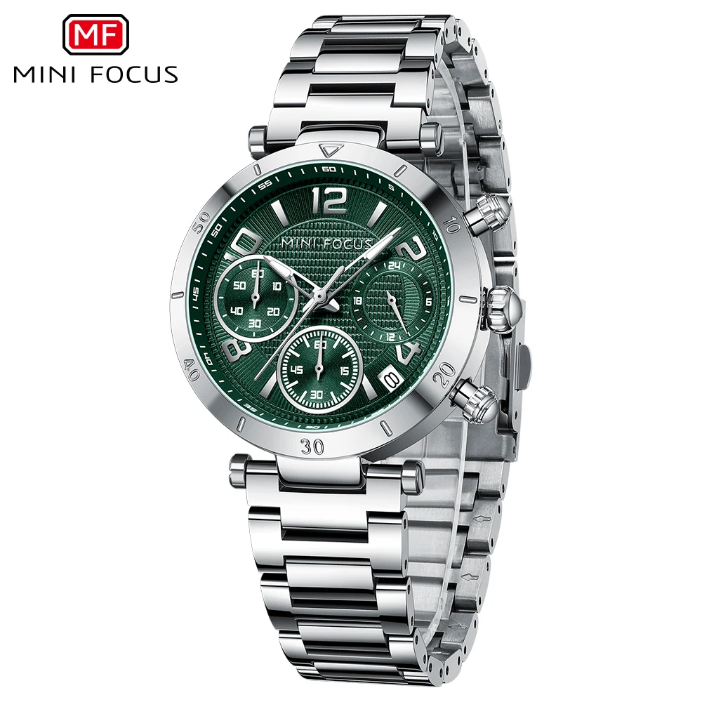 MINI FOCUS Dress Watch for Women Luxury Chronograph Quartz Wristwatch Lady with Auto Date Stainless Steel Strap Green Dial 0489