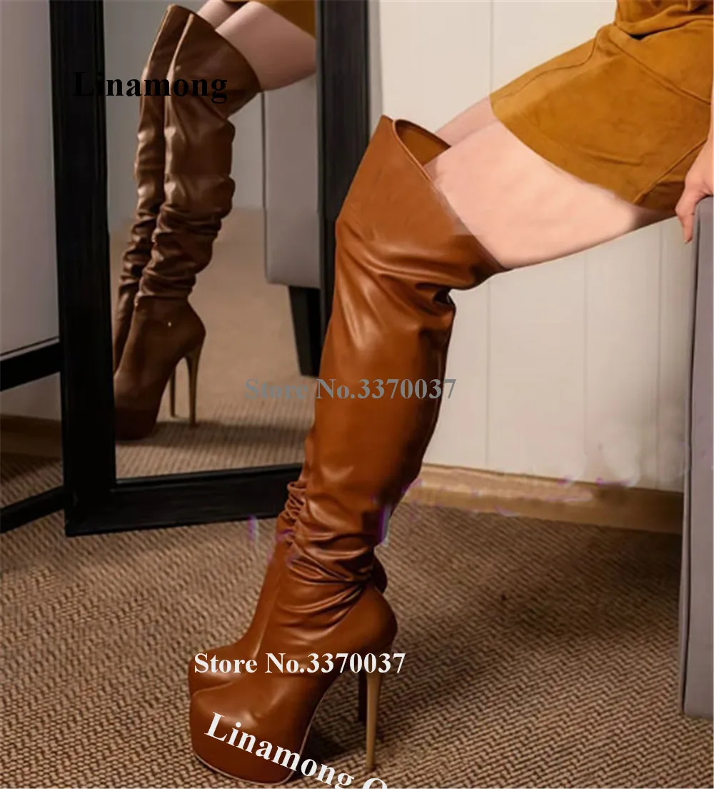 Linamong Sexy braune, matte Leder-Overknee-Stiefel mit dünnem Absatz, runder Zehenbereich, schmaler Stil, hoher Plateau-Stiletto-Absatz, lange Stiefel
